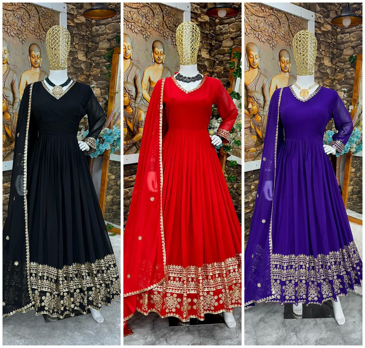 GOWN WITH PANT AND EMBROIDERY  WORK
GOWN FABRIC : HAVY FOUX GEORGATE WITH EMBROIDERY WORK AND FULL SLEEVES