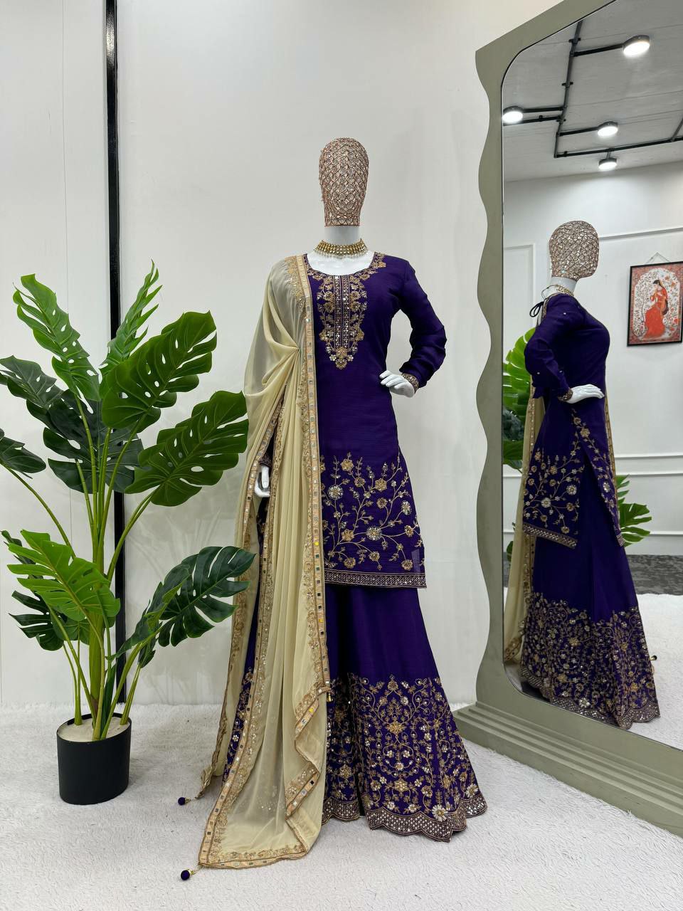 Designer sharara  Suit Set Chinon Silk febric with Inner and Sequnce With Thred work and Sharara on also Chinon Silk Febric With Sequnce With thred work and Dupatta on Faux Georgette Febric with Thred & sequence