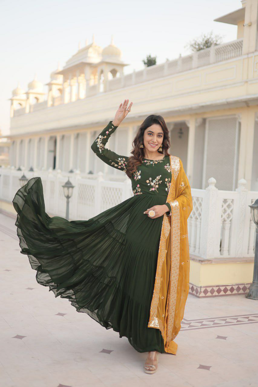 GOWN  set
FABRICS & Work :- Faux Georgette with Embroidered and Multi-Sequins work