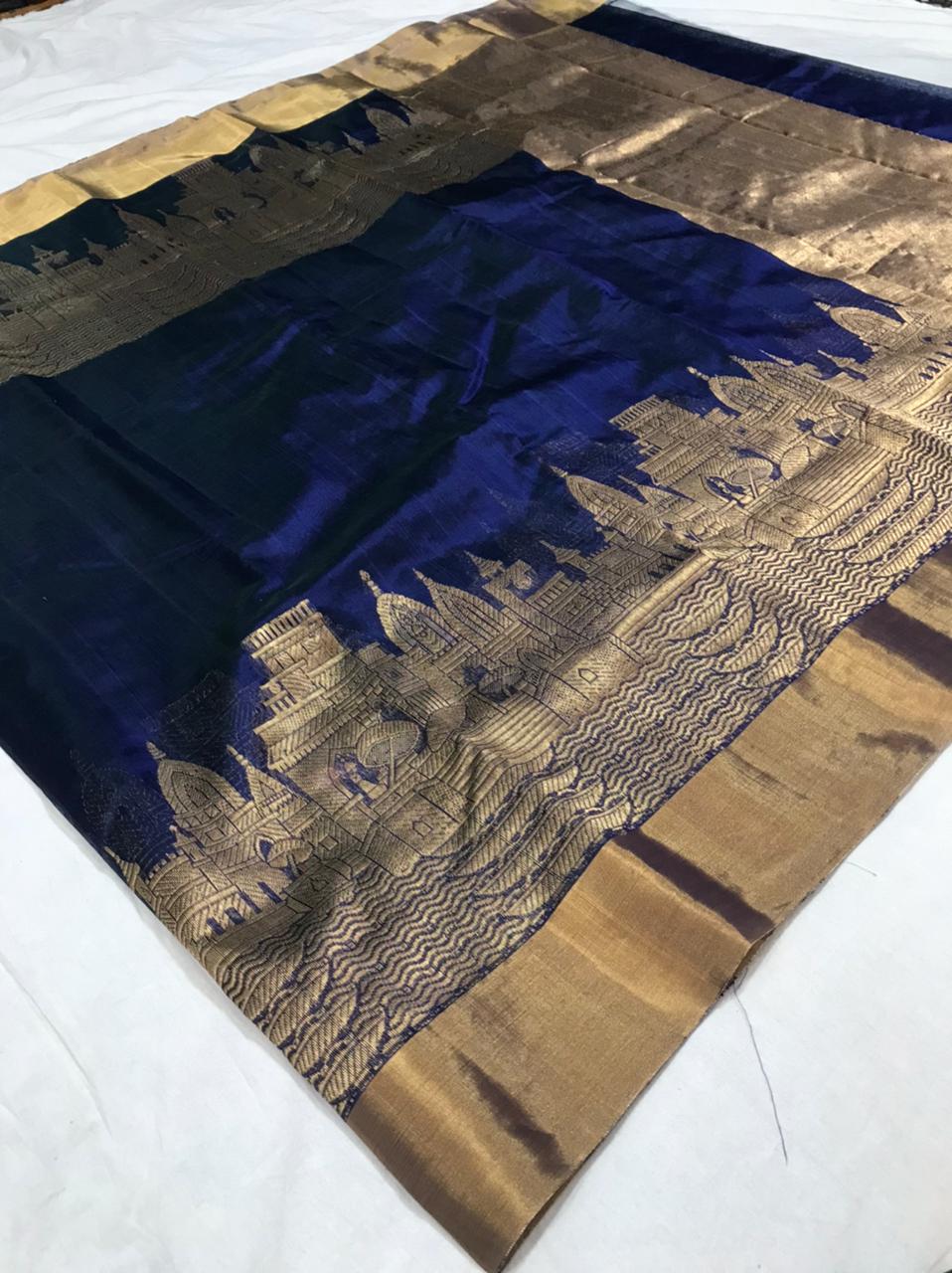 Chanderi pattu silk handborder mandir design saree