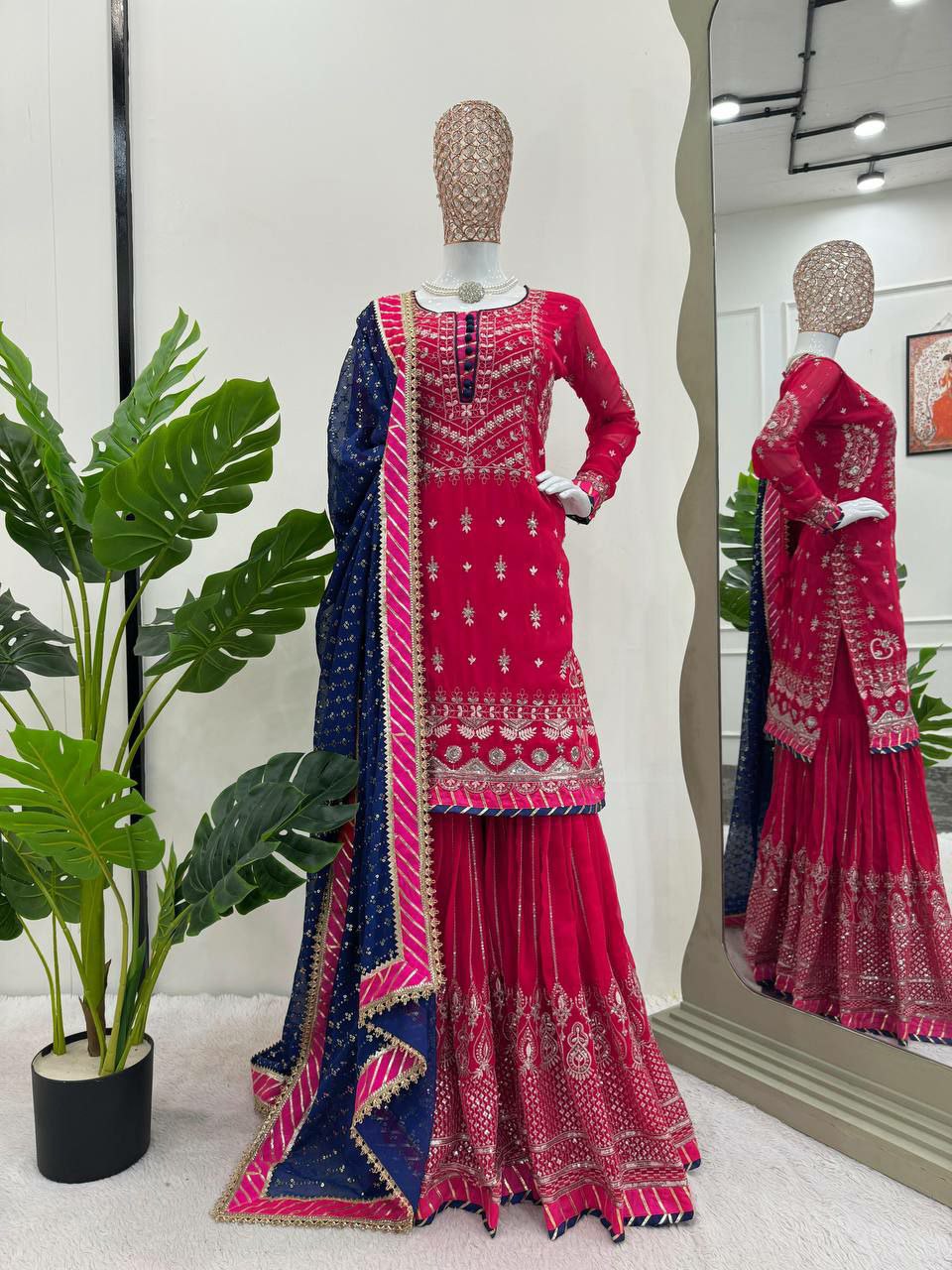 Perfect bridal sharara suit set Fabric :  Foux gorgette 
Inner  : Micro
Work   : thread with Sequnce  
Stich    : M(38),L(40),XL(42) with xxl margin