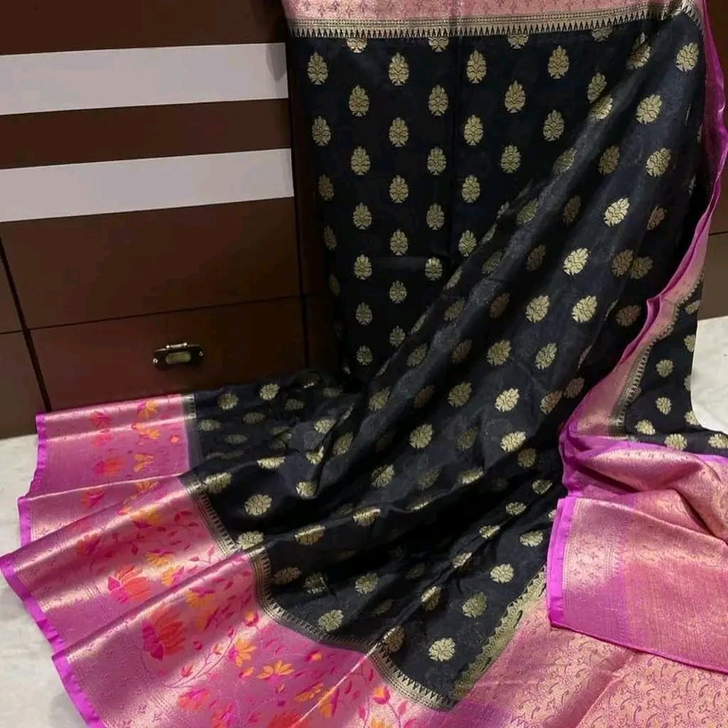 Banarasi Warmsilk Alfi Scurt*
Water Zari and Dupian Mina Work*
Beautiful Colour Combination*
Soft Fabric Light Weight Sarees*