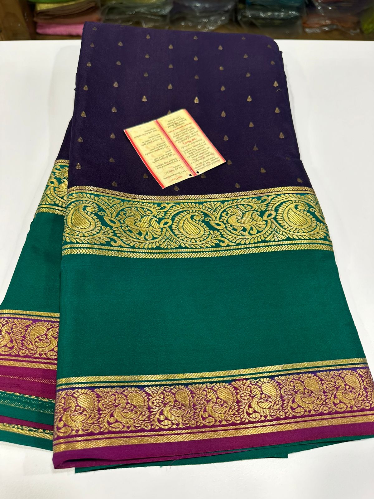 Pure Mysore silk sarees
120 grm thickness  with rich pallu 
Silk mark certified
Big mango n peacock design on border