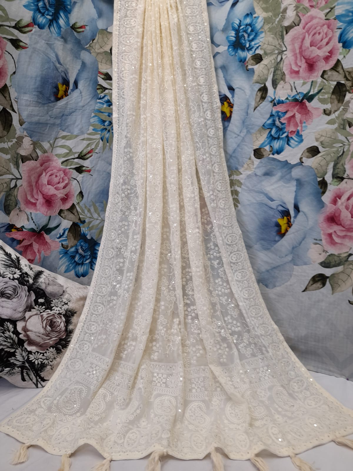 ALLOVER TONE TO TONE LUCKNOWI CHIKANKARI SAREE WITH SEQUENCE WORK ON GEORGETTE saree