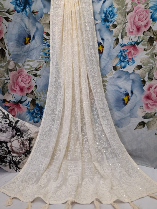 ALLOVER TONE TO TONE LUCKNOWI CHIKANKARI SAREE WITH SEQUENCE WORK ON GEORGETTE saree