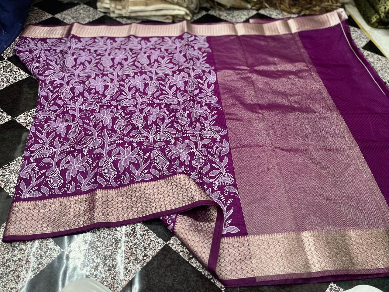 Banarasi Kora Organza Silk Sarees Very Good Quality With Very Beautiful Embroidery Chickenkari Work Weaving Design Border