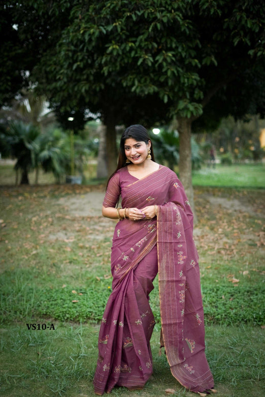 Saree:* Premium Khadi Tussar Silk all over traditional thread work and multicolour kantha stitch border with fancy Tassels