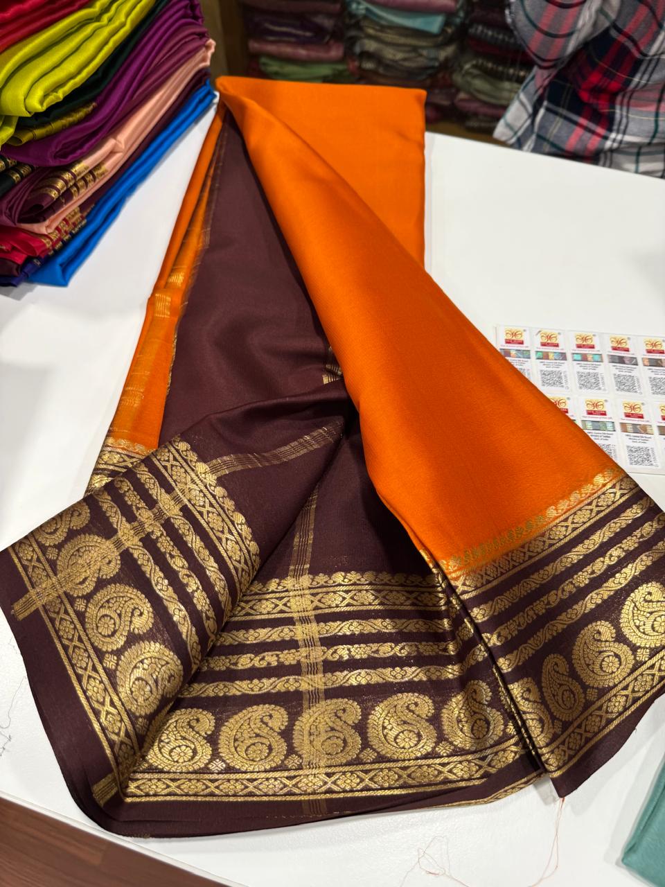 Pure Mysore silk sarees 
75 grm thickness Traditional  border Mysore silk sarees with all beautiful self colour big mango traditional
