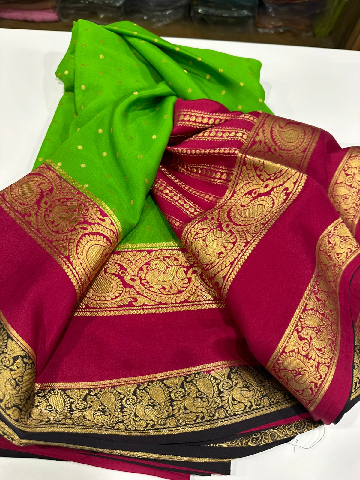 Pure Mysore silk sarees
120 grm thickness  with rich pallu 
Silk mark certified
Big mango n peacock design on border