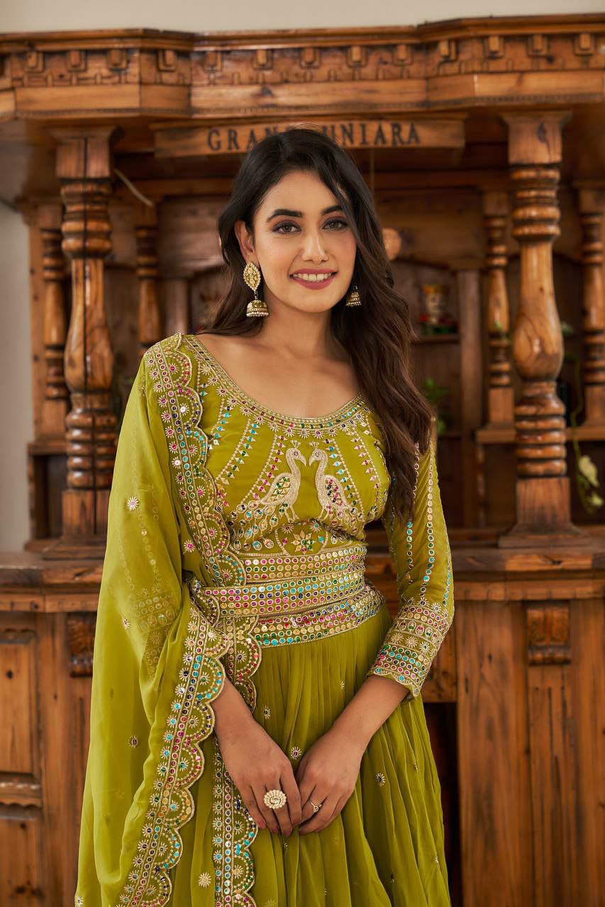 Perfect for mehndi ceremony lehenga choli set. 
Fabric:- Fox Georgette 
Work:- Heavy 7mm multi Sequence Work 
INNER:  Micro Cotton