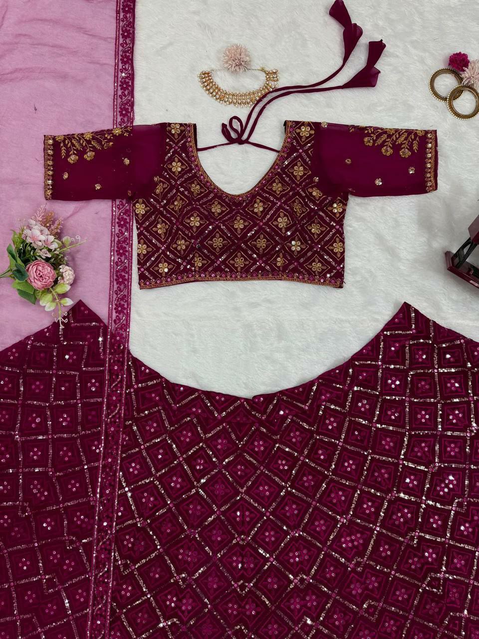 DESIGNER BRIDAL Lehengha 
Fabric : Foux gorgette 
Work  thread with 9mm Sequnce