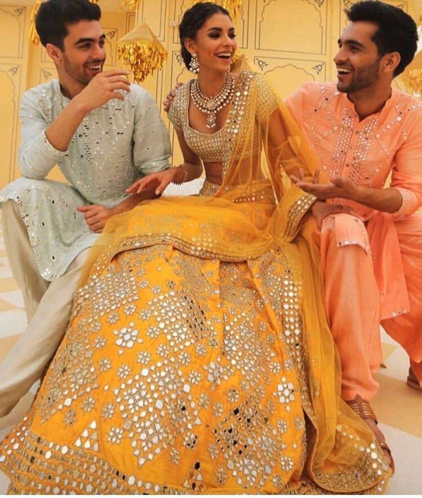 Launching Mono Satin Silk Real Mirror (10000 Mirror) work 3 Meter Flare (12 Kali) Lehenga with Cancan & Canvas Patta*
Lehenga Fabric- Mono Satin Silk*
Lehenga Work -Heavy Real Mirror Embroidery  Work Lehenga