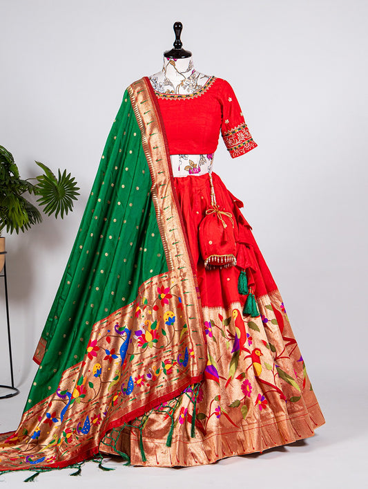 Paithani Lehenga choli
Here’s the most elegant lehenga of all times.This quintessential lehenga has the right amount of weaving work and Hand made Work   that you need for the upcoming South wedding season. Tag all the bride to be who you think